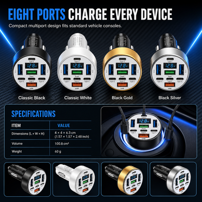 40W 8 in 1 Fast Car Adapter with Digital Voltage Display 4 USB and 4 PD Ports