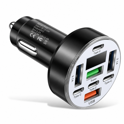40W 8 in 1 Fast Car Adapter with Digital Voltage Display 4 USB and 4 PD Ports