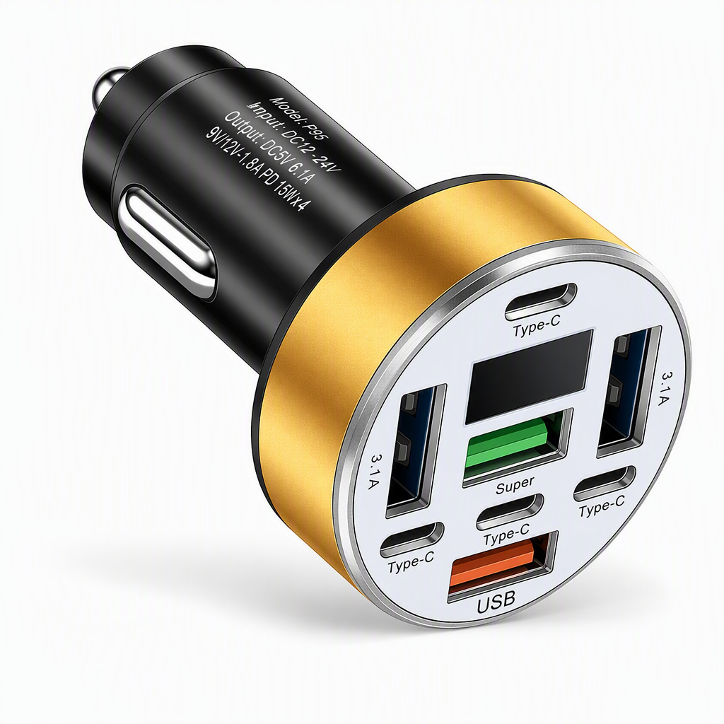 40W 8 in 1 Fast Car Adapter with Digital Voltage Display 4 USB and 4 PD Ports