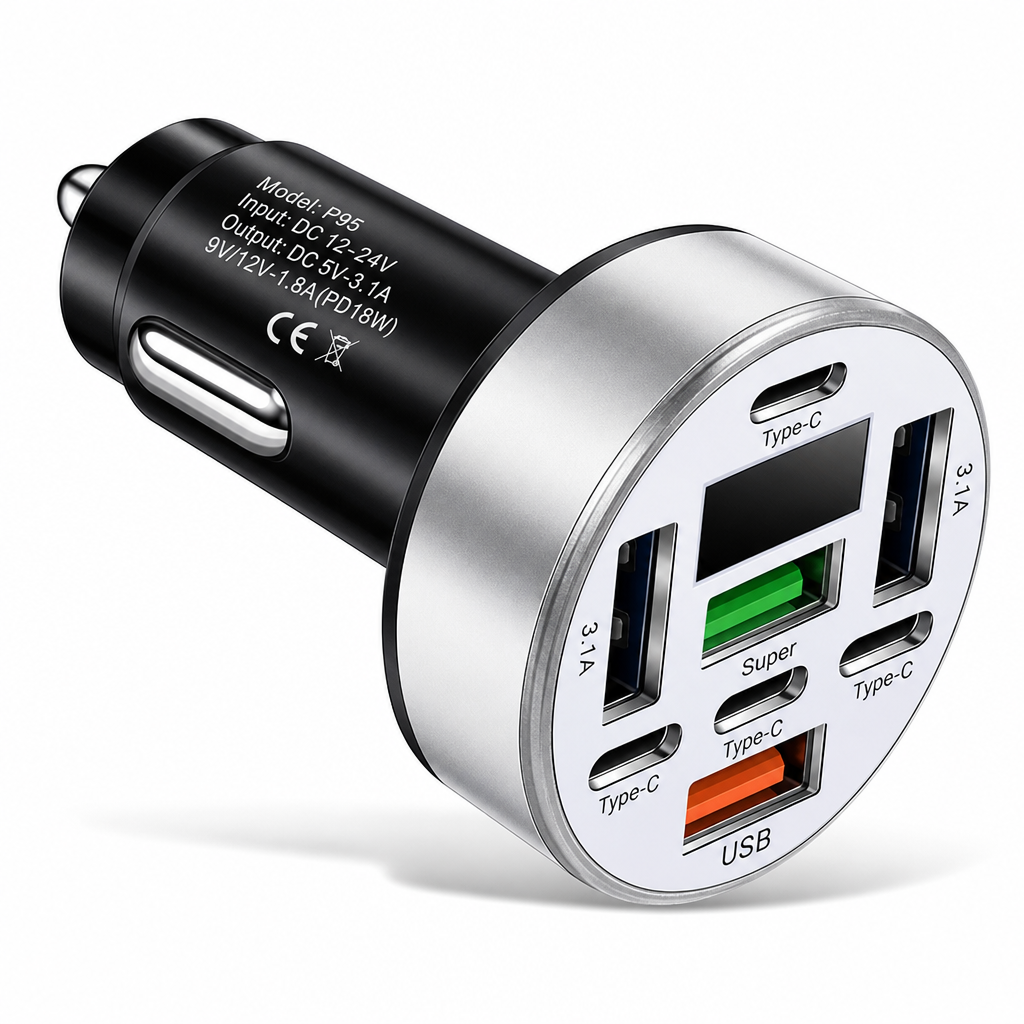 40W 8 in 1 Fast Car Adapter with Digital Voltage Display 4 USB and 4 PD Ports