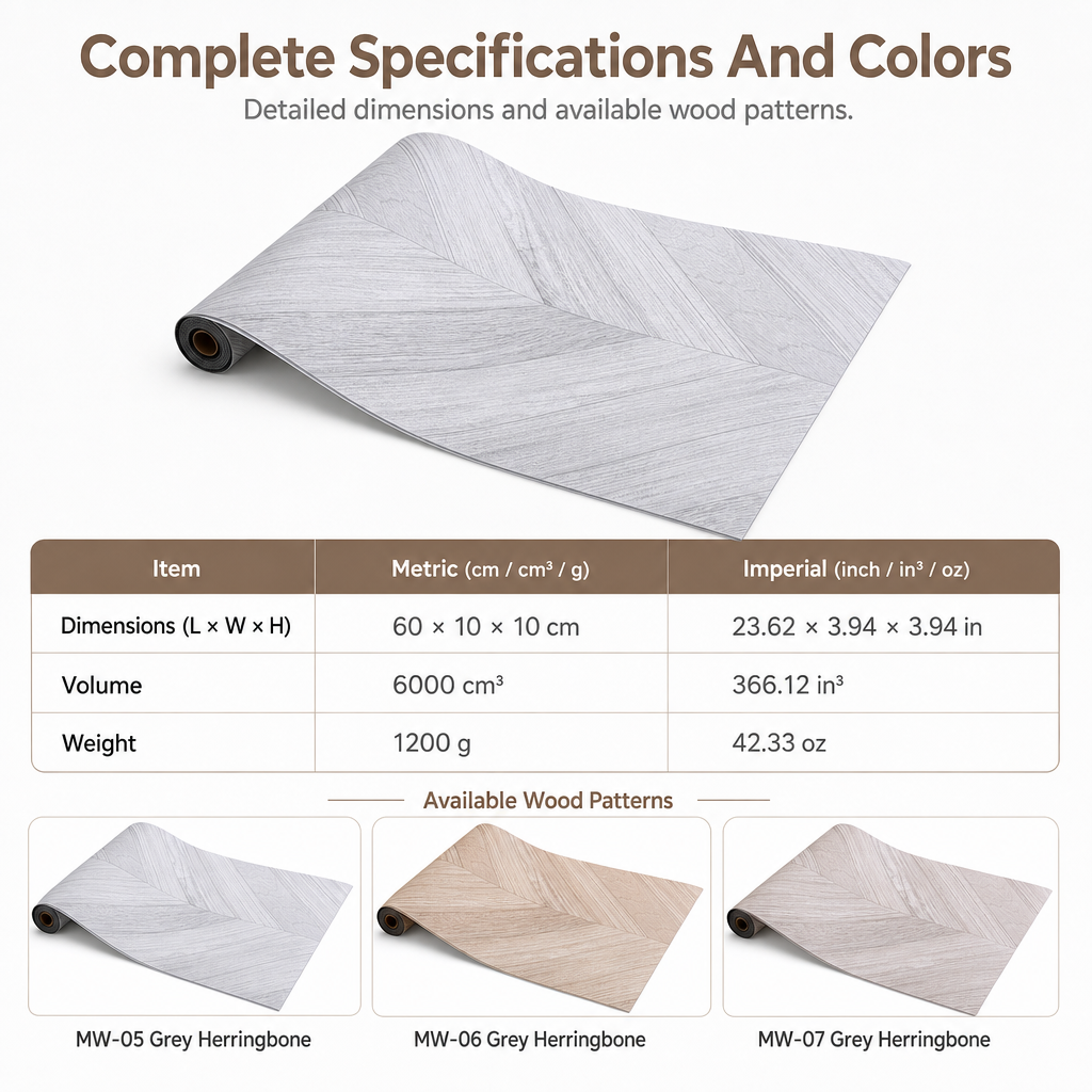 Self Adhesive PVC Floor and Wall Sticker Roll Wear Resistant Herringbone Pattern Flooring Decal for Home and Office 60cm x 3m
