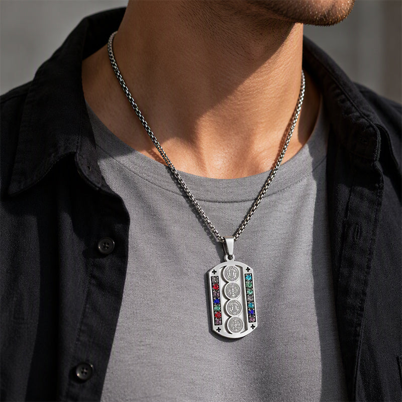 🛡️ 50% OFF! ✨ Men's Protective Pendant – Bold Stainless Steel Design, Vintage Religious Detailing & Colorful Stone Accents – Streetwear Edge with Everyday Confidence 🔱