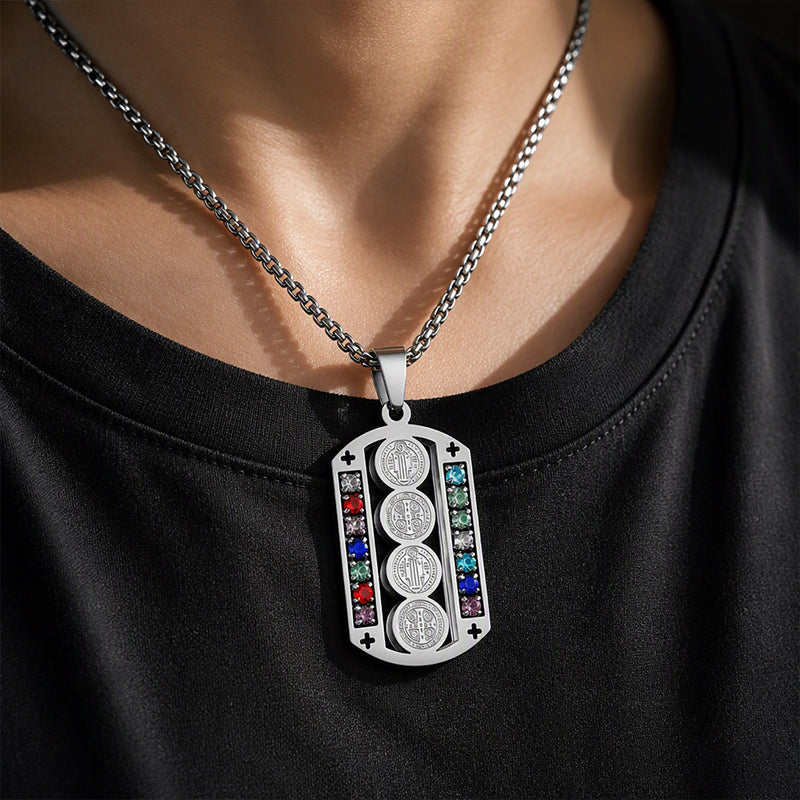 🛡️ 50% OFF! ✨ Men's Protective Pendant – Bold Stainless Steel Design, Vintage Religious Detailing & Colorful Stone Accents – Streetwear Edge with Everyday Confidence 🔱