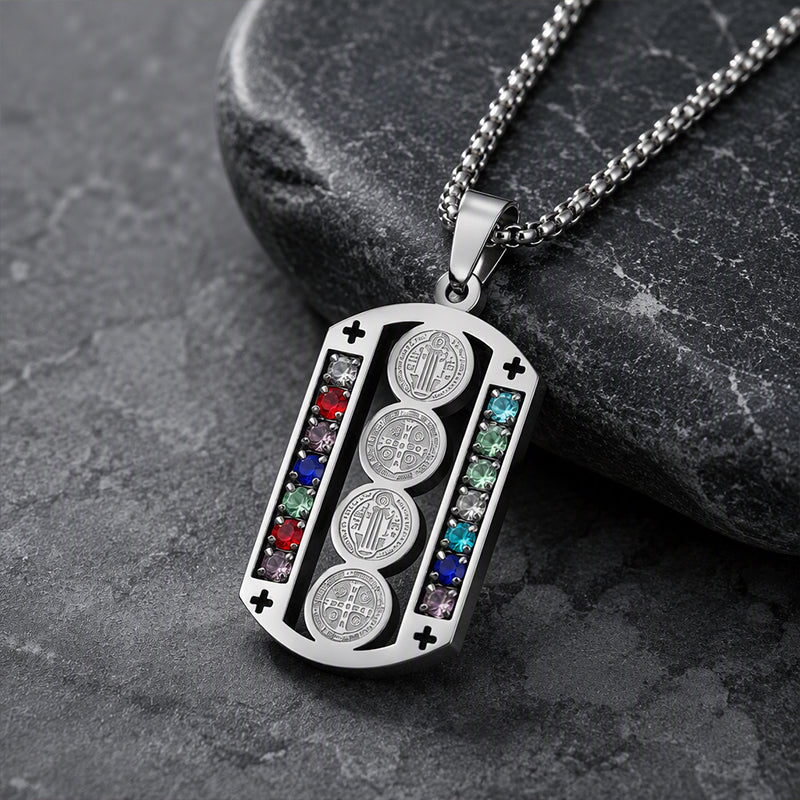 🛡️ 50% OFF! ✨ Men's Protective Pendant – Bold Stainless Steel Design, Vintage Religious Detailing & Colorful Stone Accents – Streetwear Edge with Everyday Confidence 🔱