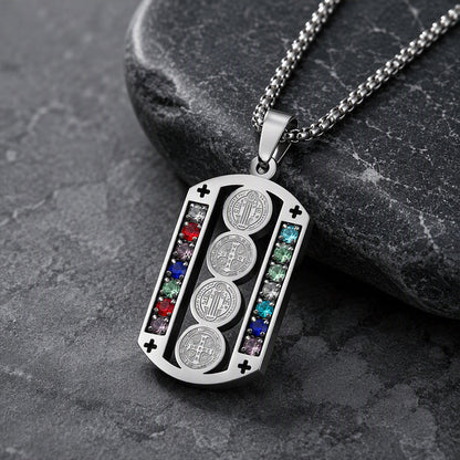 🛡️ 50% OFF! ✨ Men's Protective Pendant – Bold Stainless Steel Design, Vintage Religious Detailing & Colorful Stone Accents – Streetwear Edge with Everyday Confidence 🔱