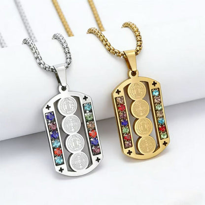 🛡️ 50% OFF! ✨ Men's Protective Pendant – Bold Stainless Steel Design, Vintage Religious Detailing & Colorful Stone Accents – Streetwear Edge with Everyday Confidence 🔱
