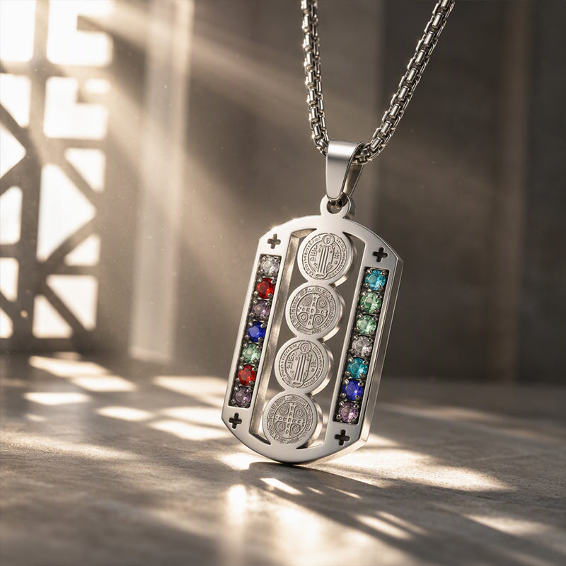🛡️ 50% OFF! ✨ Men's Protective Pendant – Bold Stainless Steel Design, Vintage Religious Detailing & Colorful Stone Accents – Streetwear Edge with Everyday Confidence 🔱