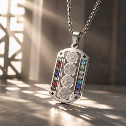 🛡️ 50% OFF! ✨ Men's Protective Pendant – Bold Stainless Steel Design, Vintage Religious Detailing & Colorful Stone Accents – Streetwear Edge with Everyday Confidence 🔱