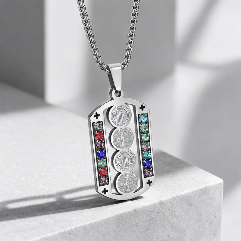 🛡️ 50% OFF! ✨ Men's Protective Pendant – Bold Stainless Steel Design, Vintage Religious Detailing & Colorful Stone Accents – Streetwear Edge with Everyday Confidence 🔱