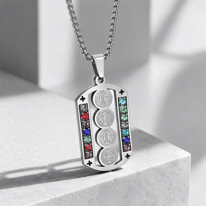 🛡️ 50% OFF! ✨ Men's Protective Pendant – Bold Stainless Steel Design, Vintage Religious Detailing & Colorful Stone Accents – Streetwear Edge with Everyday Confidence 🔱