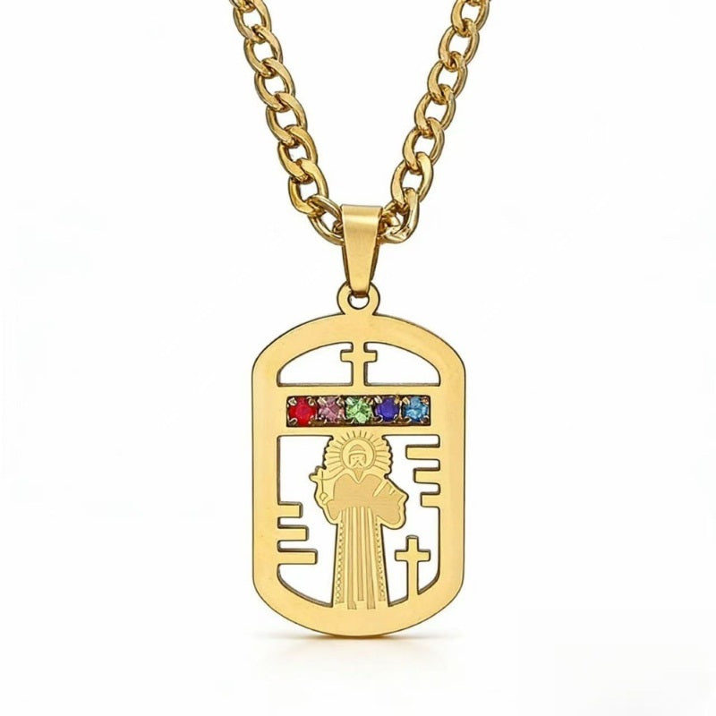🛡️ 50% OFF! ✨ Men's Protective Pendant – Bold Stainless Steel Design, Vintage Religious Detailing & Colorful Stone Accents – Streetwear Edge with Everyday Confidence 🔱
