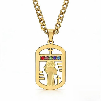 🛡️ 50% OFF! ✨ Men's Protective Pendant – Bold Stainless Steel Design, Vintage Religious Detailing & Colorful Stone Accents – Streetwear Edge with Everyday Confidence 🔱