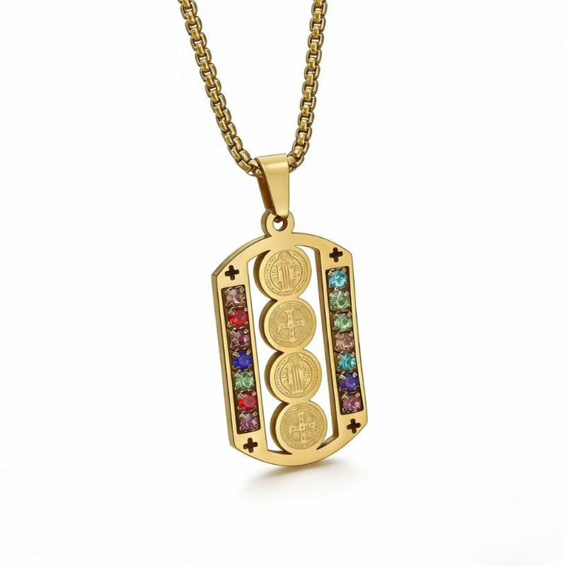 🛡️ 50% OFF! ✨ Men's Protective Pendant – Bold Stainless Steel Design, Vintage Religious Detailing & Colorful Stone Accents – Streetwear Edge with Everyday Confidence 🔱