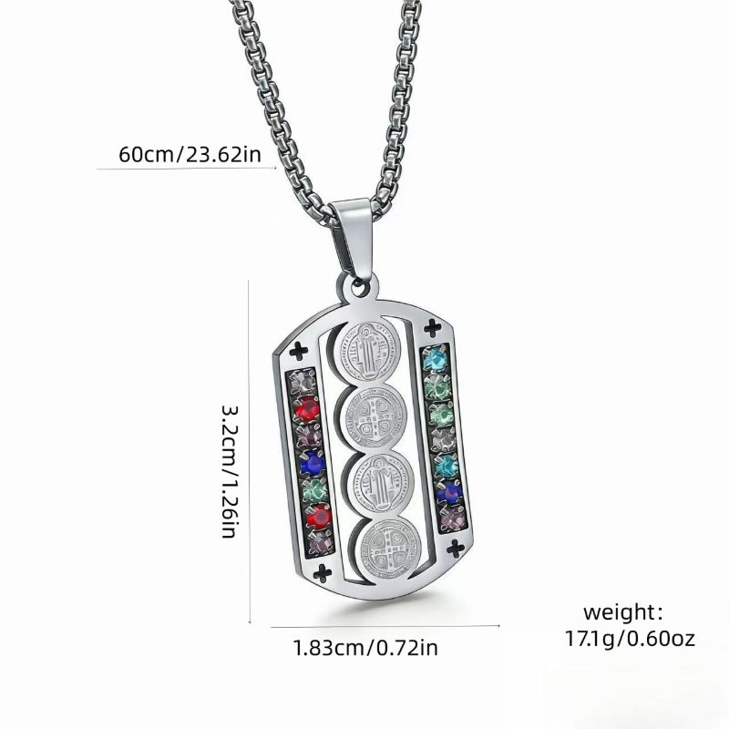 🛡️ 50% OFF! ✨ Men's Protective Pendant – Bold Stainless Steel Design, Vintage Religious Detailing & Colorful Stone Accents – Streetwear Edge with Everyday Confidence 🔱