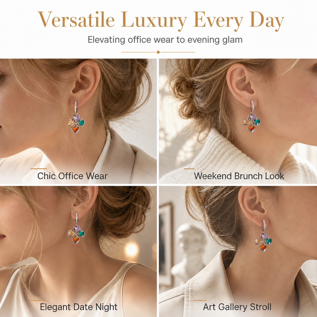 Retro Colorful Heart Tassel Drop Earrings for Women Fashion Ear Buckle Jewelry