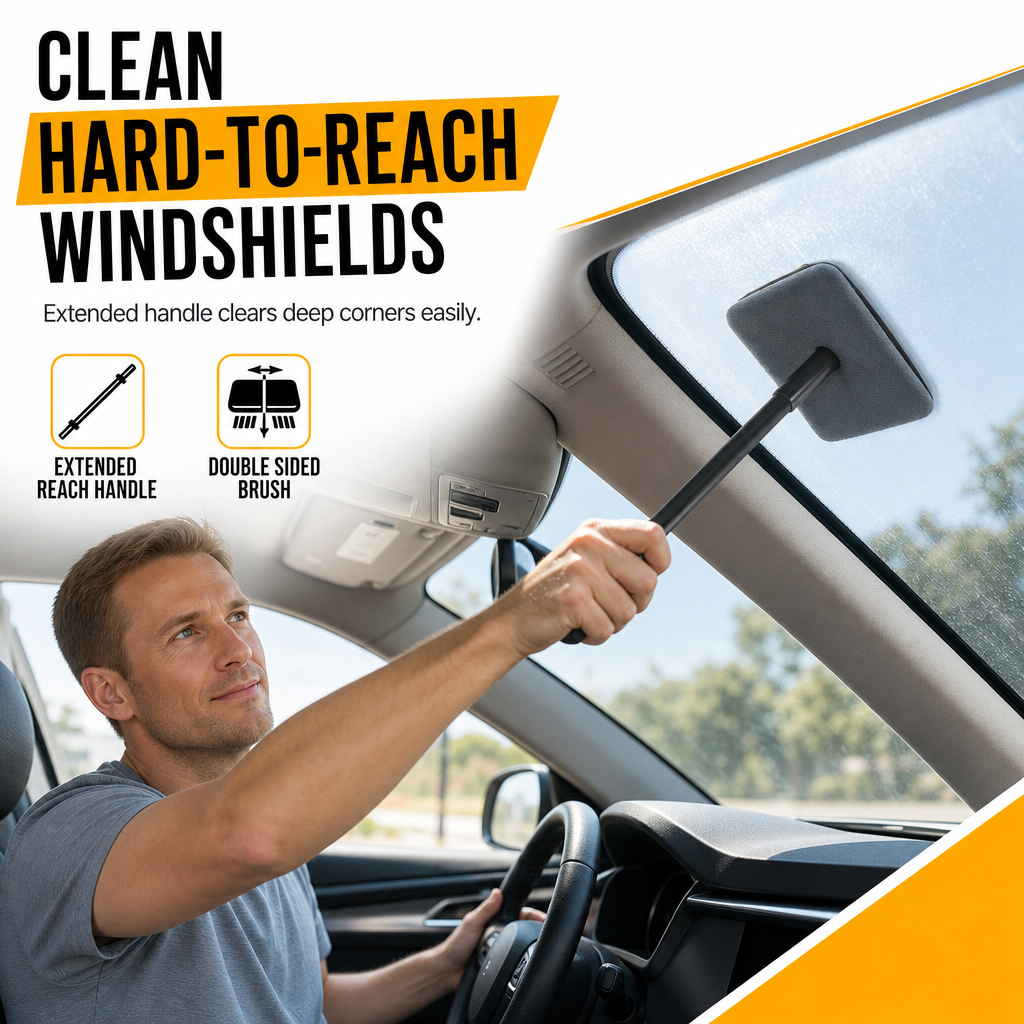 Car Windshield Glass Cleaning Brush with Suede and Coral Fleece Cover for Auto Window Cleaning and Dust Removal