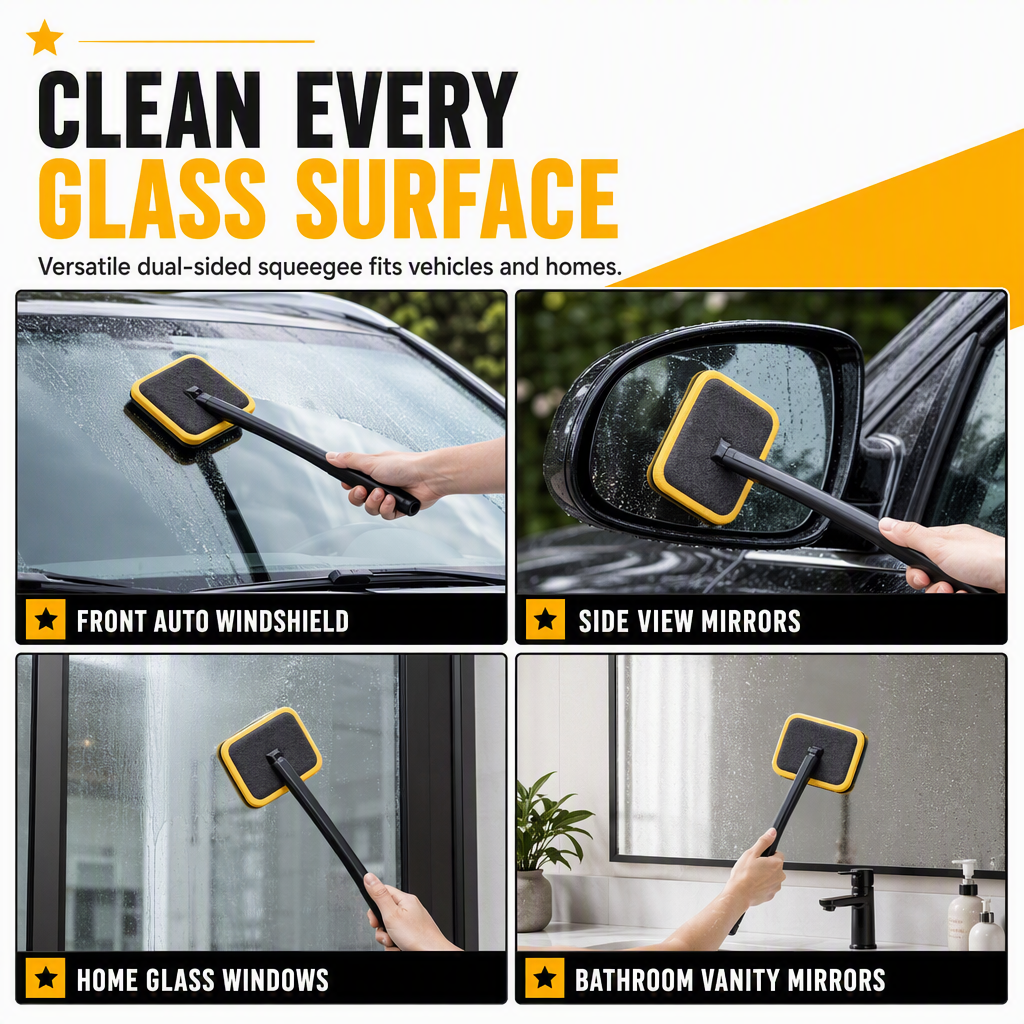 Car Windshield Glass Cleaning Brush with Suede and Coral Fleece Cover for Auto Window Cleaning and Dust Removal