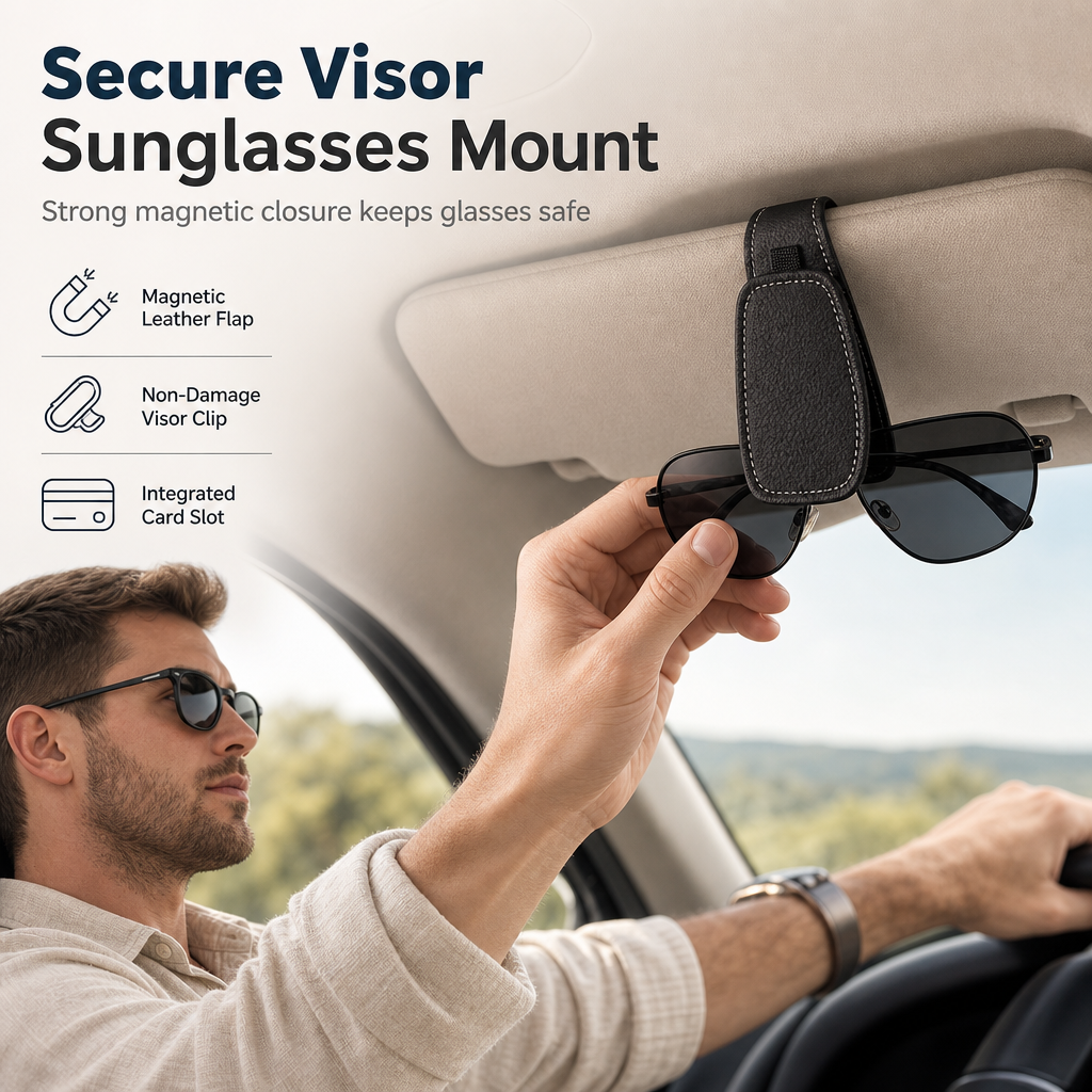 🕶️ LIMITED-TIME 50% OFF 🚗 Car Sunglasses Holder — Magnetic Leather Clip, Ticket Card Mount