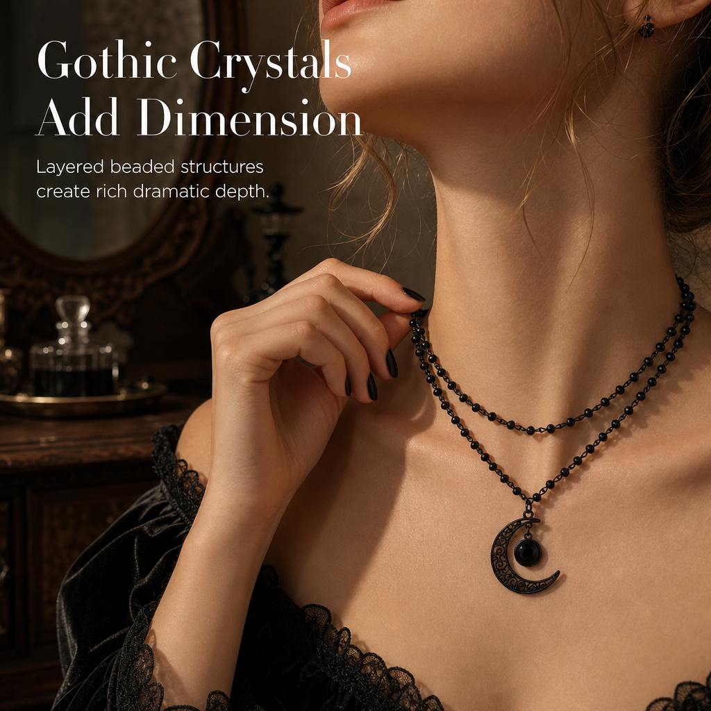 Gothic Dark Crystal Beaded Chain Necklace with Hollow Out Moon Alloy Pendant