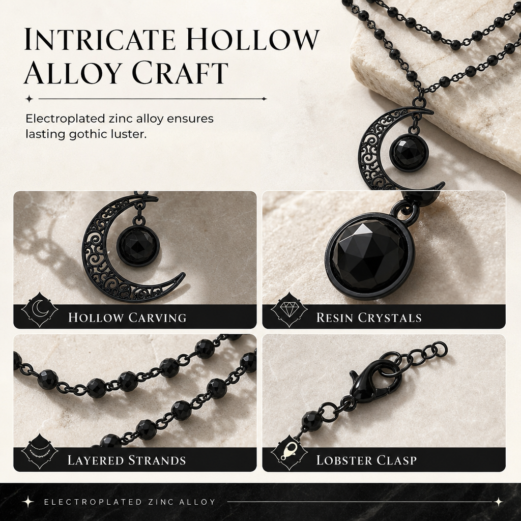 Gothic Dark Crystal Beaded Chain Necklace with Hollow Out Moon Alloy Pendant