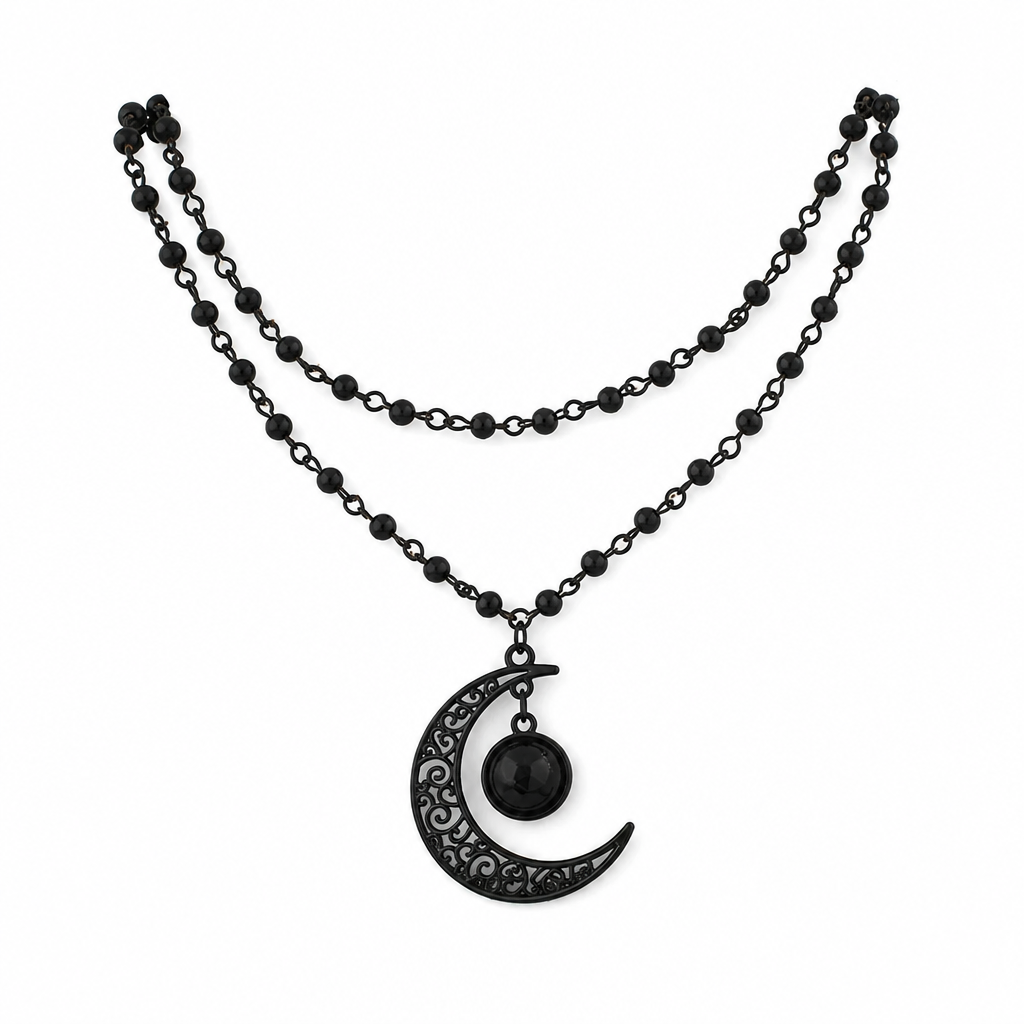 Gothic Dark Crystal Beaded Chain Necklace with Hollow Out Moon Alloy Pendant