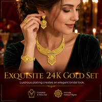 24K Gold Plated Bridal Jewelry Set Dubai Indian Style Necklace Bracelet Ring and Earrings Set for Women
