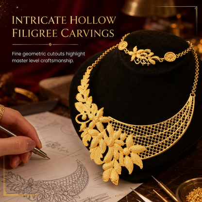 24K Gold Plated Bridal Jewelry Set Dubai Indian Style Necklace Bracelet Ring and Earrings Set for Women