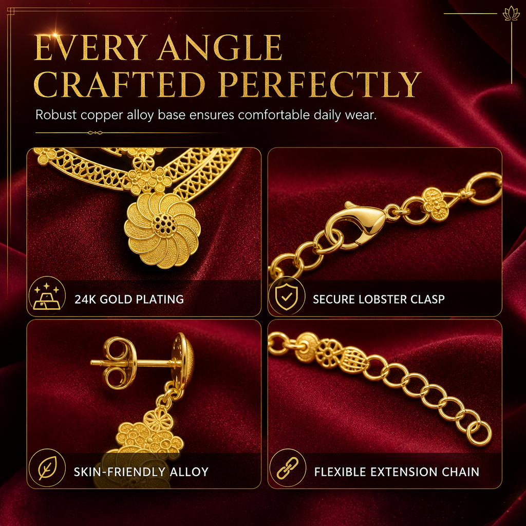 24K Gold Plated Bridal Jewelry Set Dubai Indian Style Necklace Bracelet Ring and Earrings Set for Women