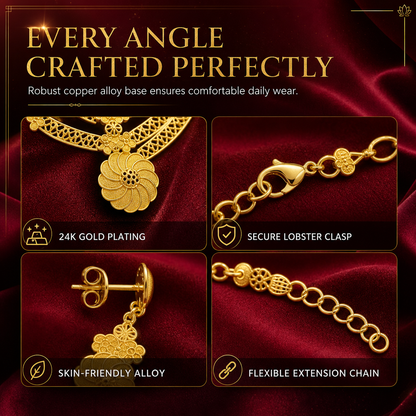 24K Gold Plated Bridal Jewelry Set Dubai Indian Style Necklace Bracelet Ring and Earrings Set for Women