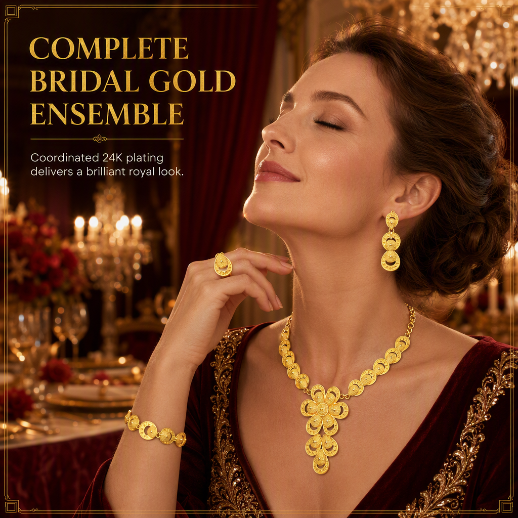 24K Gold Plated Bridal Jewelry Set Dubai Indian Style Necklace Bracelet Ring and Earrings Set for Women