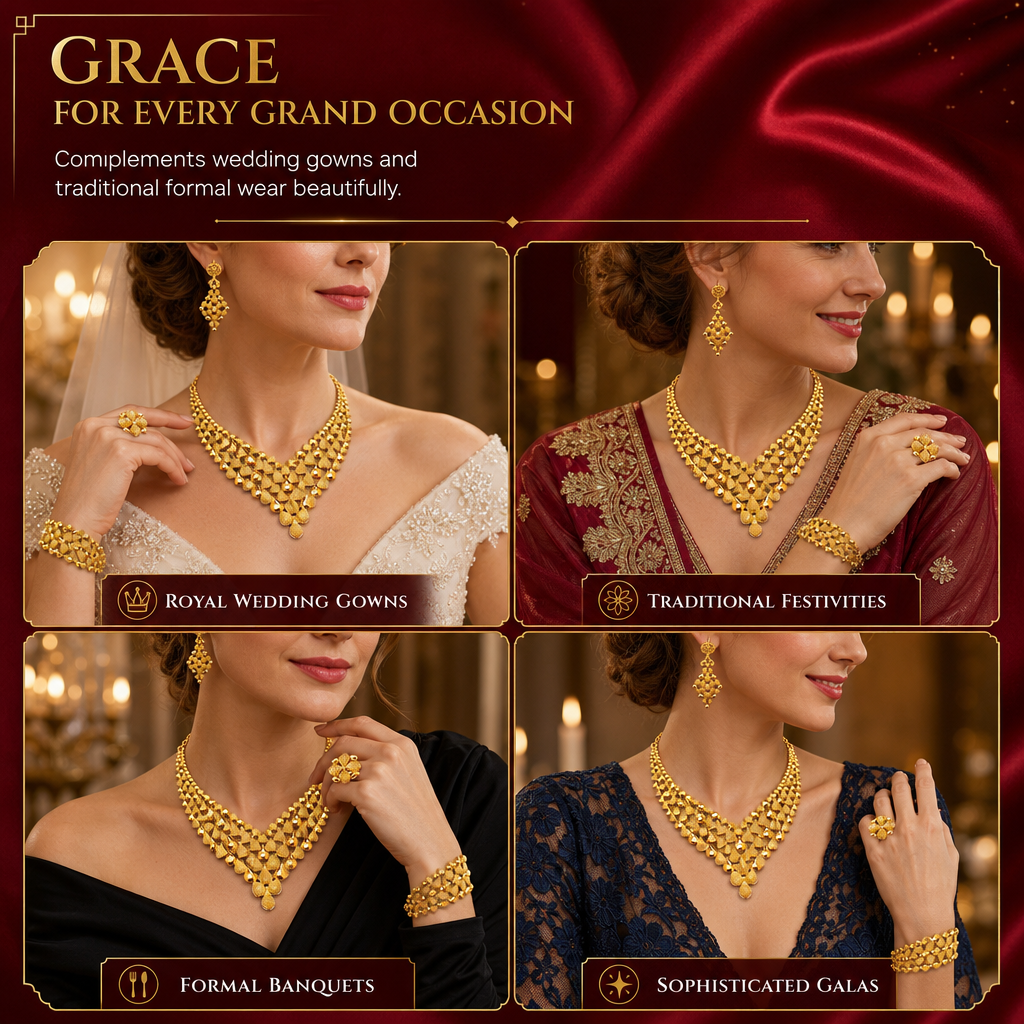 24K Gold Plated Bridal Jewelry Set Dubai Indian Style Necklace Bracelet Ring and Earrings Set for Women