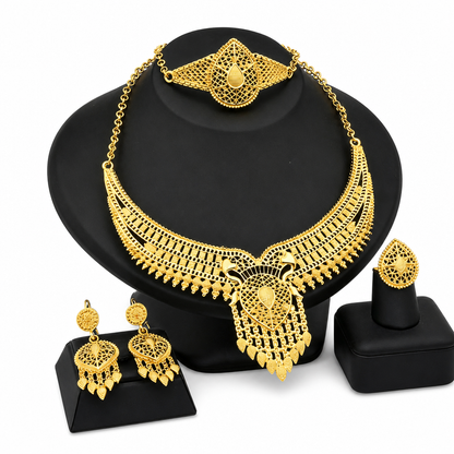 24K Gold Plated Bridal Jewelry Set Dubai Indian Style Necklace Bracelet Ring and Earrings Set for Women