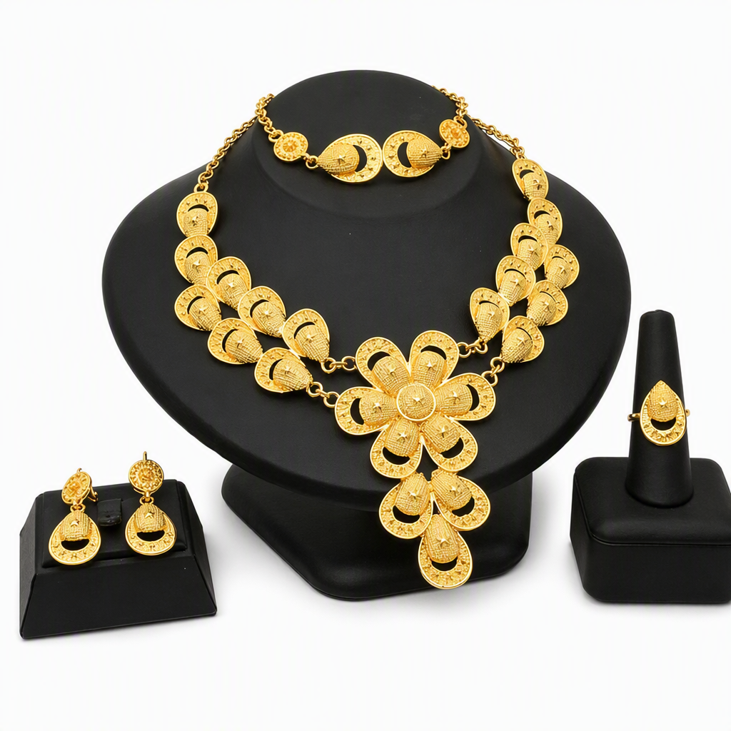24K Gold Plated Bridal Jewelry Set Dubai Indian Style Necklace Bracelet Ring and Earrings Set for Women