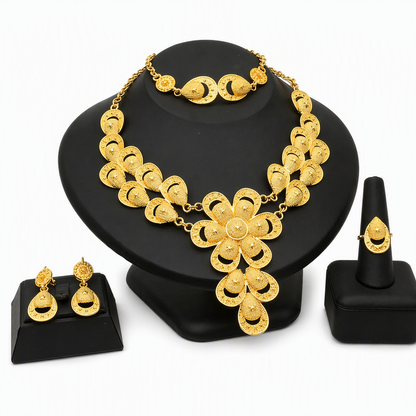 24K Gold Plated Bridal Jewelry Set Dubai Indian Style Necklace Bracelet Ring and Earrings Set for Women