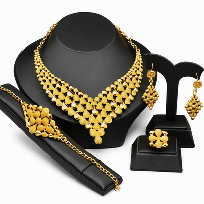 24K Gold Plated Bridal Jewelry Set Dubai Indian Style Necklace Bracelet Ring and Earrings Set for Women