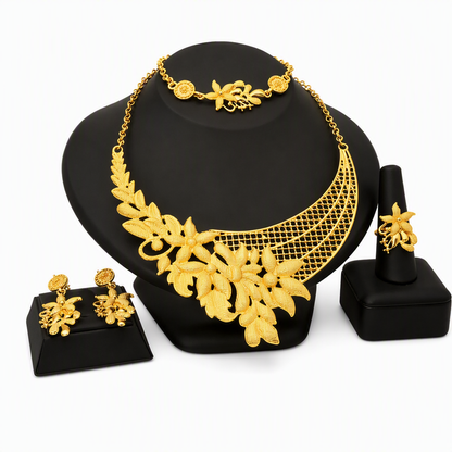 24K Gold Plated Bridal Jewelry Set Dubai Indian Style Necklace Bracelet Ring and Earrings Set for Women