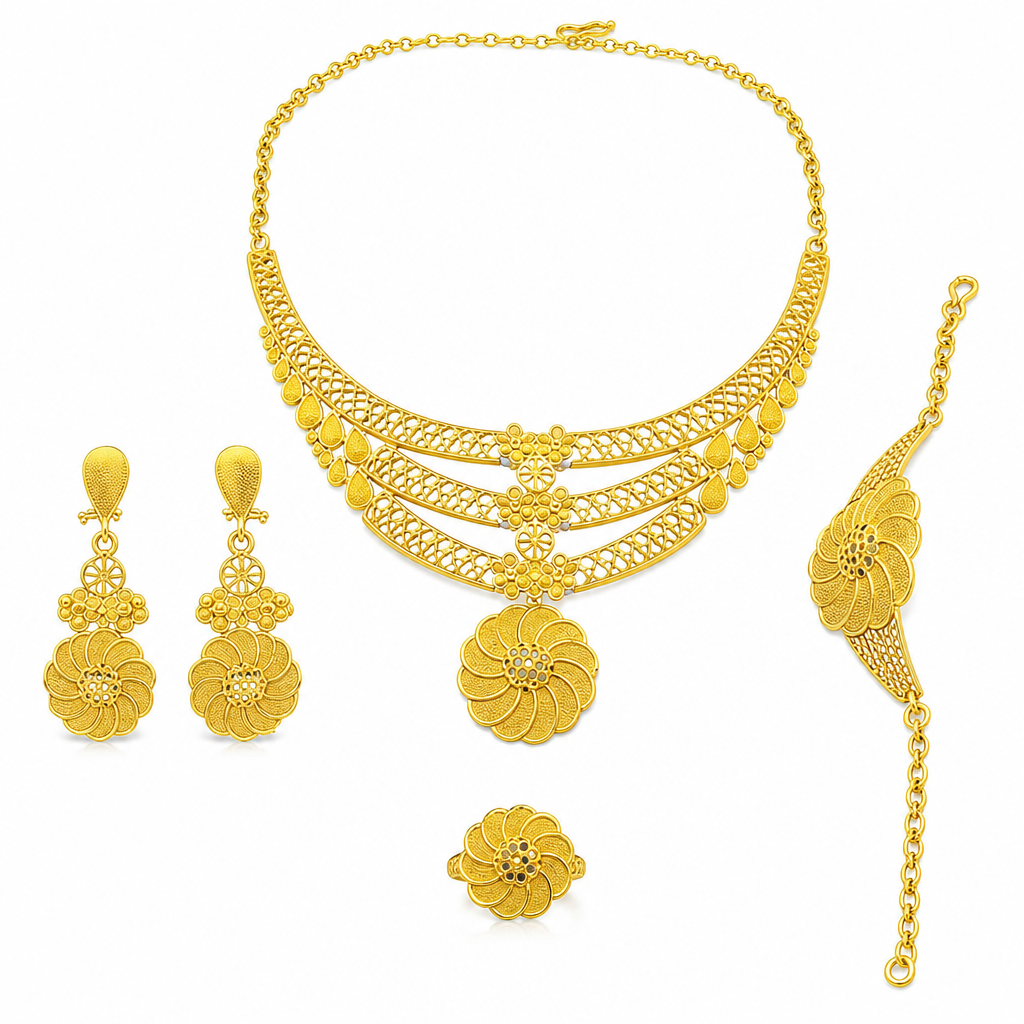 24K Gold Plated Bridal Jewelry Set Dubai Indian Style Necklace Bracelet Ring and Earrings Set for Women