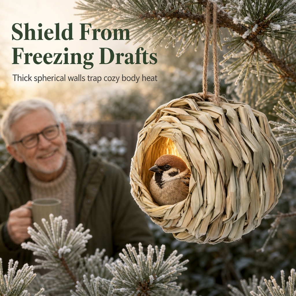 Handwoven Straw Spherical Bird Nest with Round Opening for Outdoor Garden and Yard Decoration