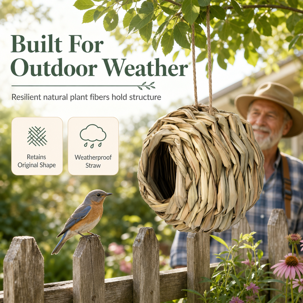 Handwoven Straw Spherical Bird Nest with Round Opening for Outdoor Garden and Yard Decoration
