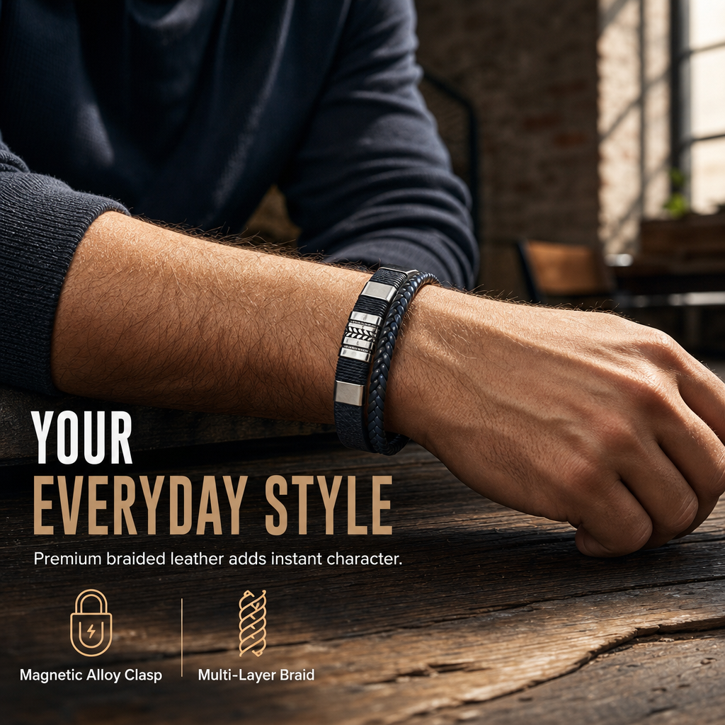 Men's Retro Leather with Square Wheat Pattern Alloy Magnetic Clasp
