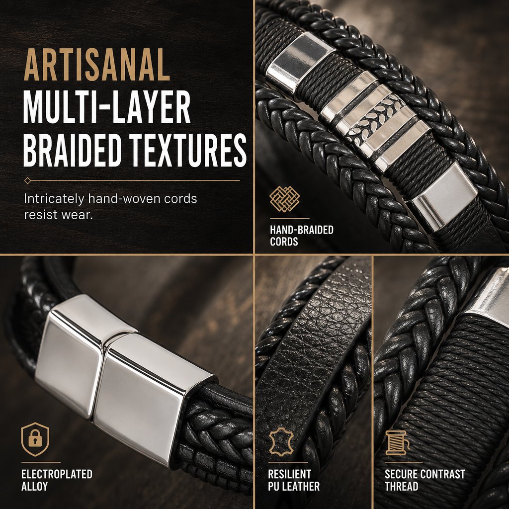 Men's Retro Leather with Square Wheat Pattern Alloy Magnetic Clasp