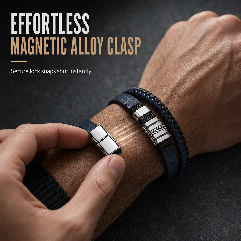 Men's Retro Leather with Square Wheat Pattern Alloy Magnetic Clasp
