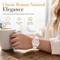 Simple Women's Quartz Watch with Leather Strap and Three-Eye Dial
