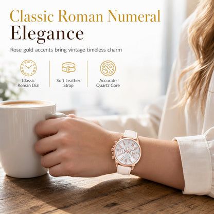 Simple Women's Quartz Watch with Leather Strap and Three-Eye Dial