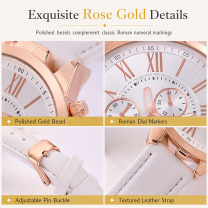 Simple Women's Quartz Watch with Leather Strap and Three-Eye Dial