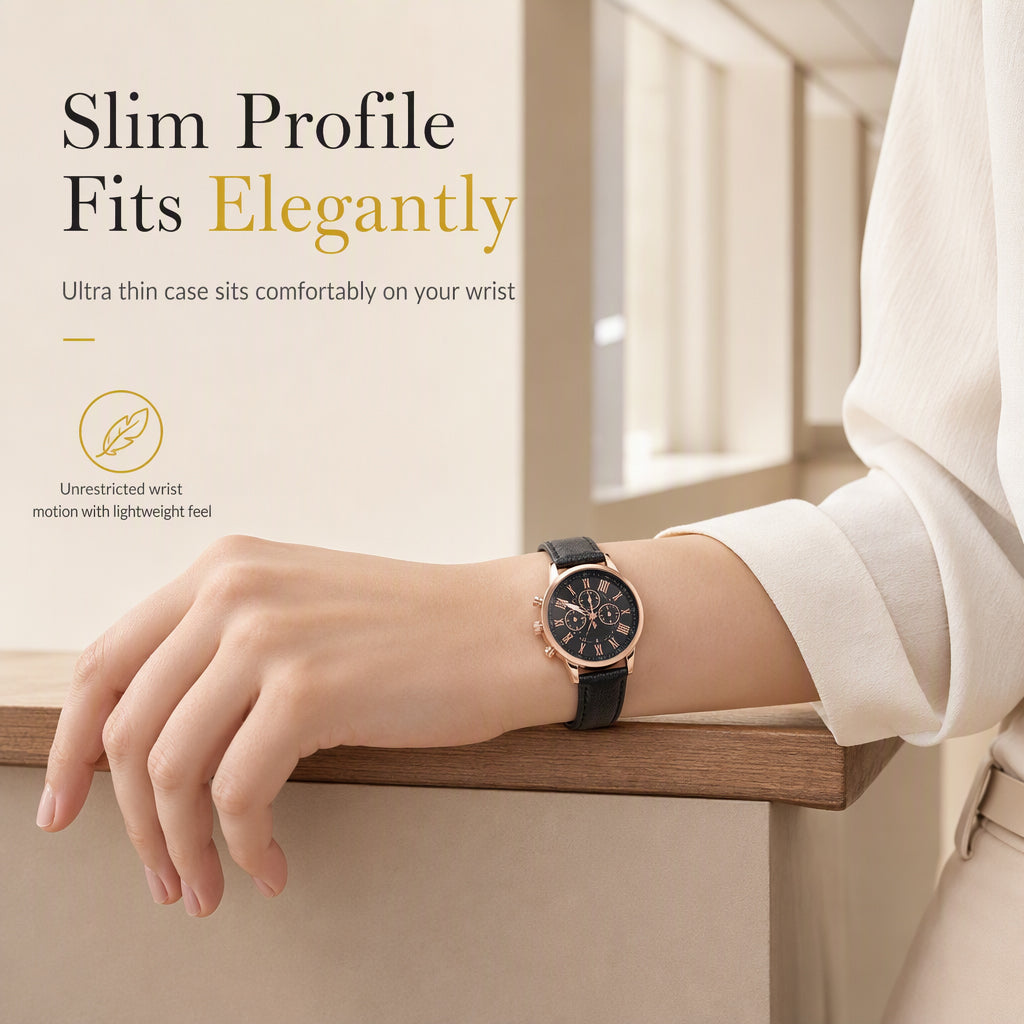 Simple Women's Quartz Watch with Leather Strap and Three-Eye Dial