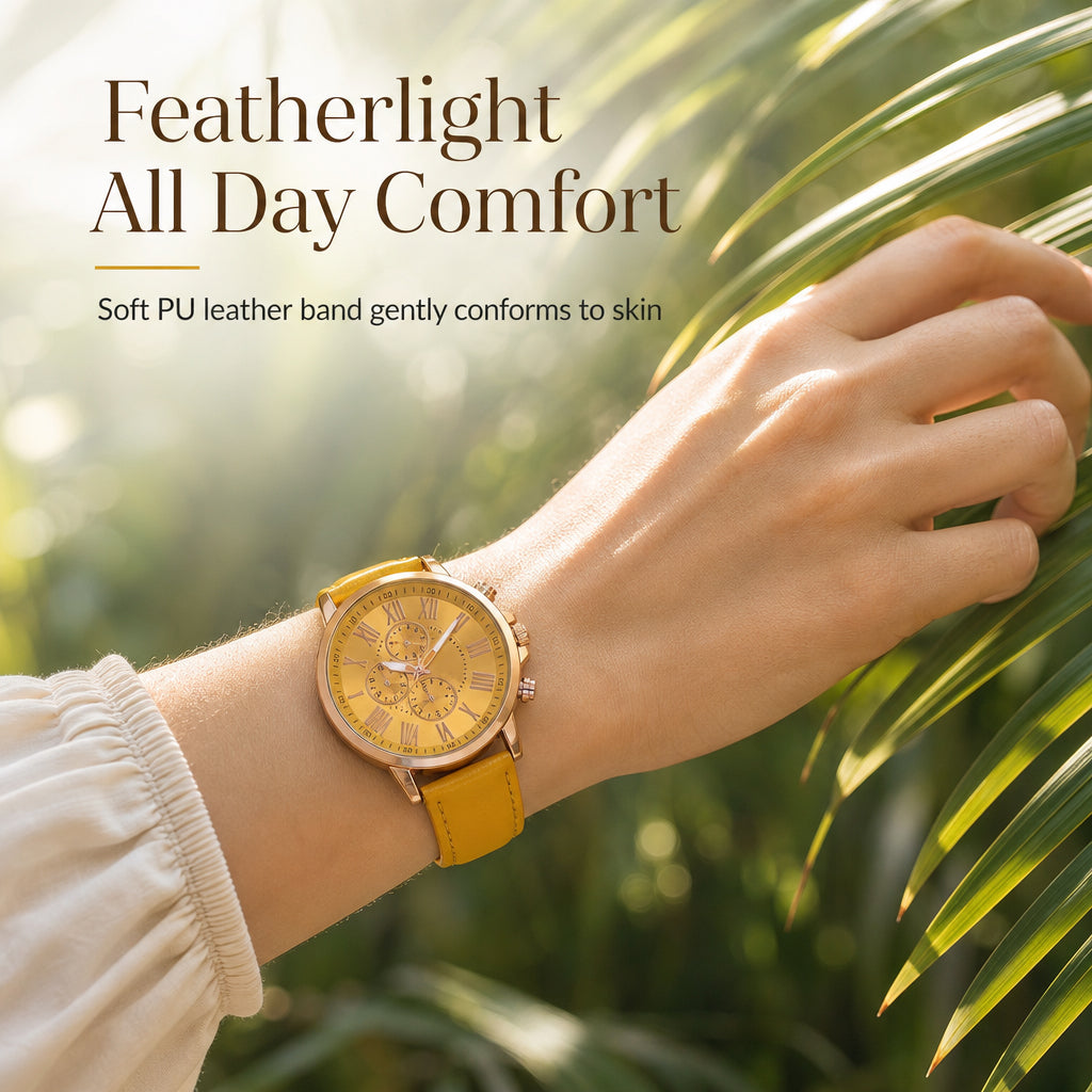 Simple Women's Quartz Watch with Leather Strap and Three-Eye Dial