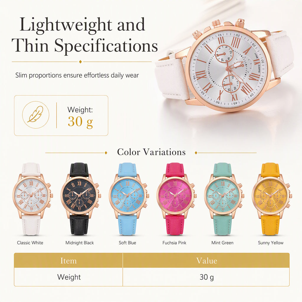 Simple Women's Quartz Watch with Leather Strap and Three-Eye Dial