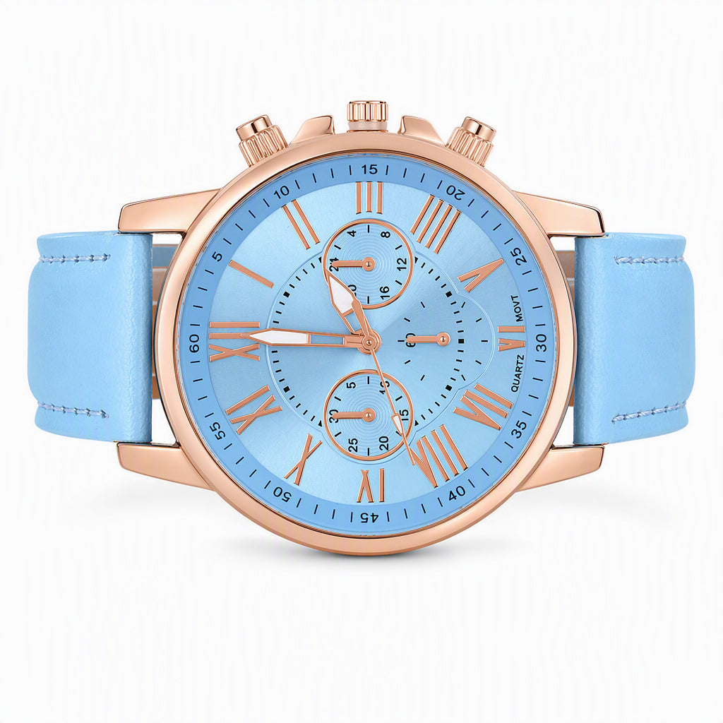 Simple Women's Quartz Watch with Leather Strap and Three-Eye Dial