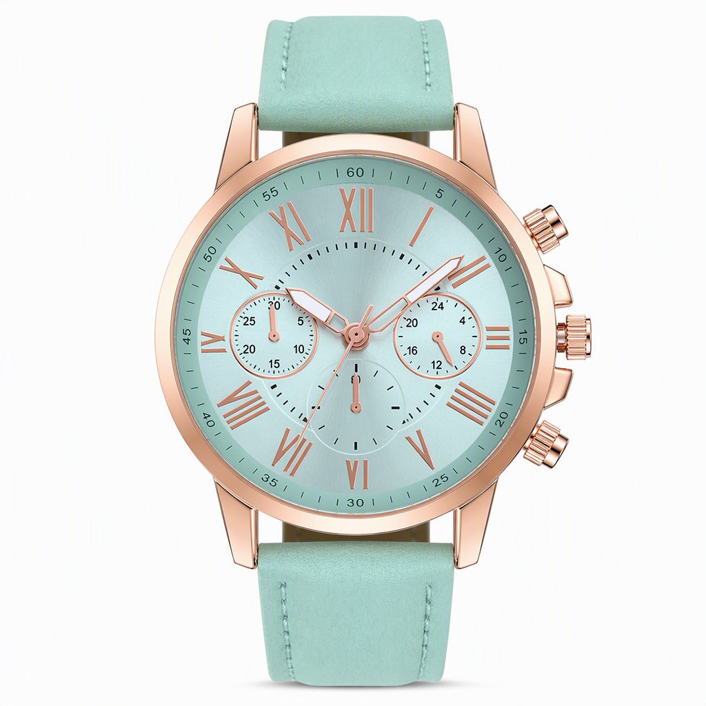 Simple Women's Quartz Watch with Leather Strap and Three-Eye Dial